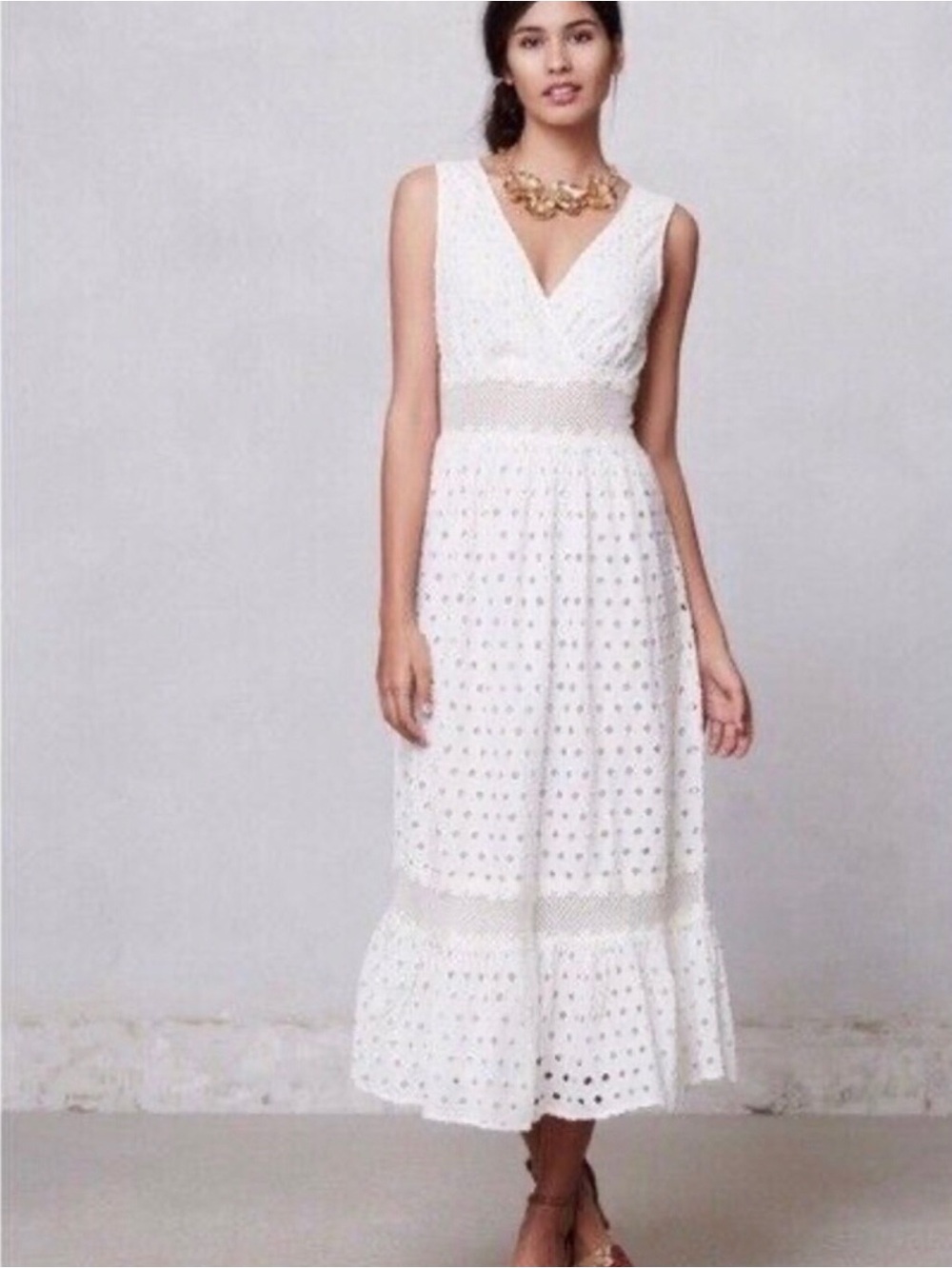Leifnotes Anthro Size 8 White Eyelet Floral Mallorca Maxi Dress Boho Cottagecore